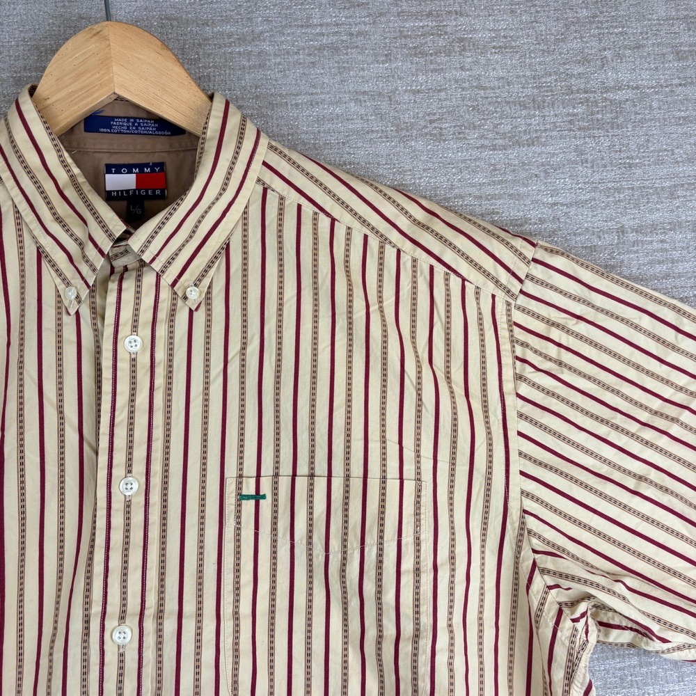 Vintage Tommy Hilfiger Button Down Shirt Mens L Tan Striped Short Sleeve EUC